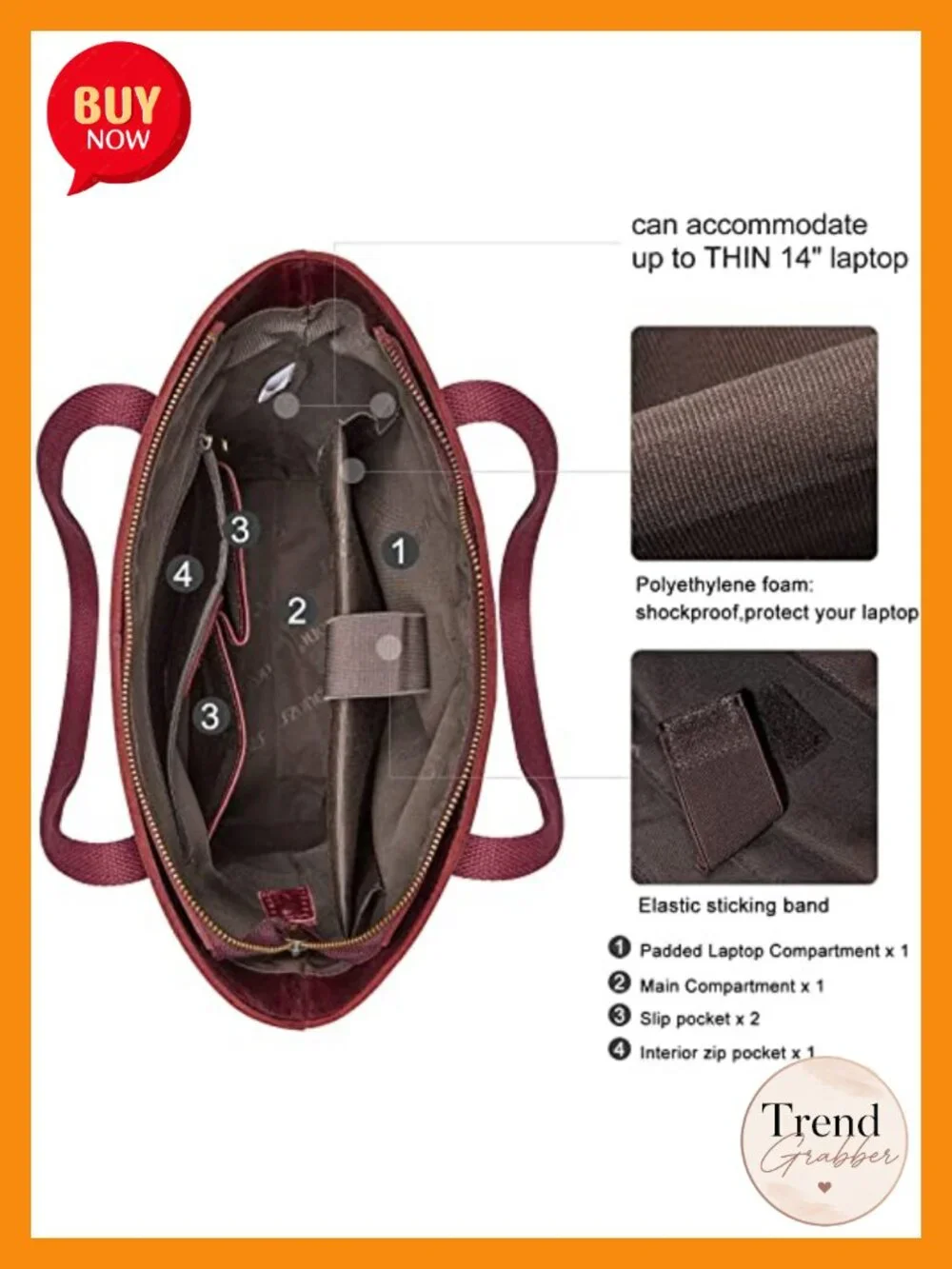 Leather Tote Bag with Padded Laptop Compartment and Luggage Sleeve